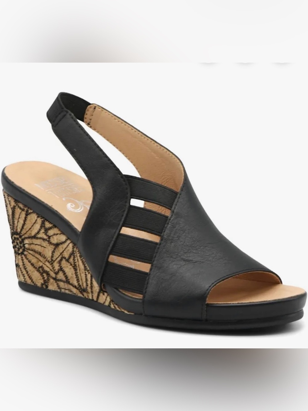 Mootsies Tootsies Tanya Slingback Embroidered Cork Wedge Sandals Black 10